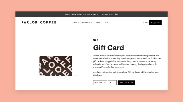 Parlor Gift card page