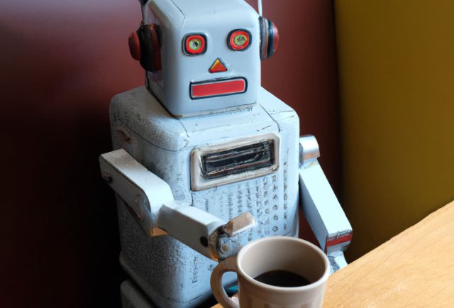 A realistic photo of a vintage midcentury robot drinking coffee