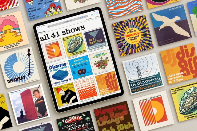 An iPad showing the DJ Disarray website, along with other artwork