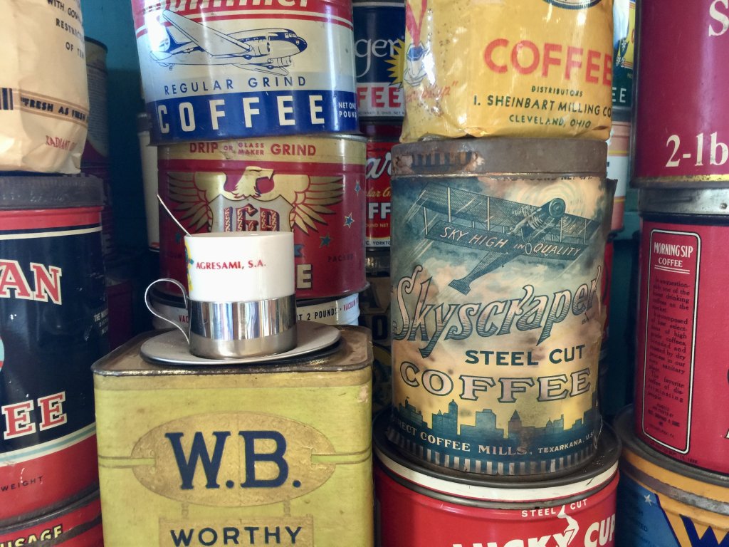A stack of vintage coffee cans taken at Royal Coffee Importers in Oakland.