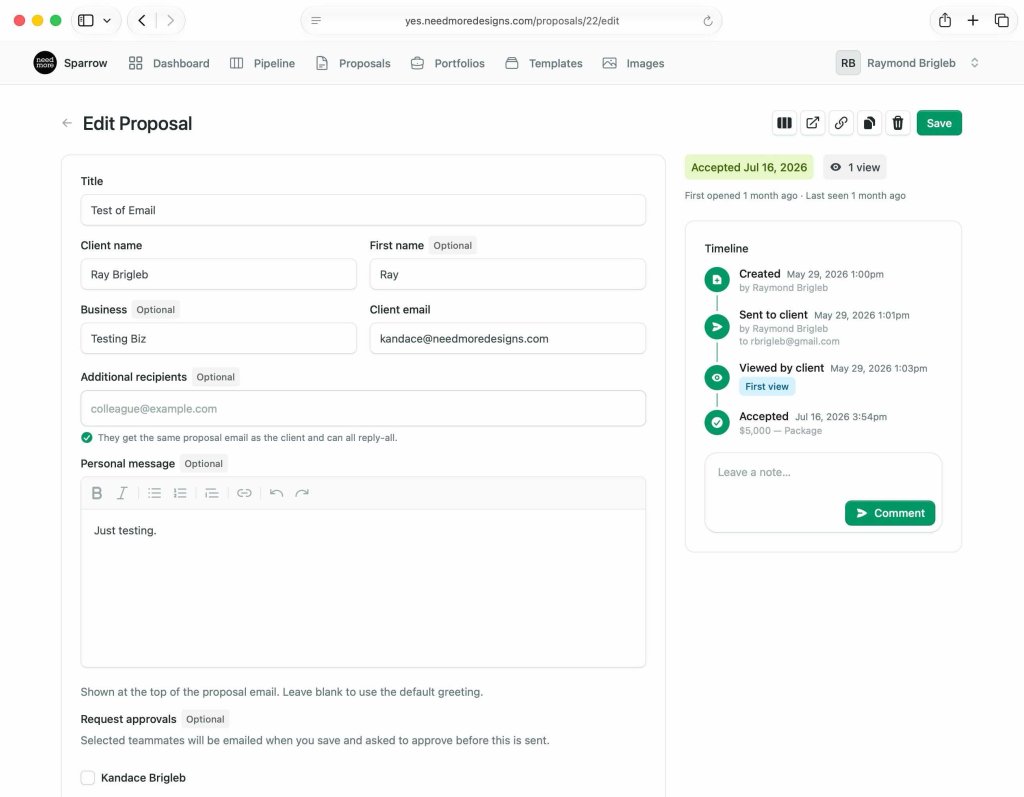 The Sparrow proposal editor showing a proposal in progress.