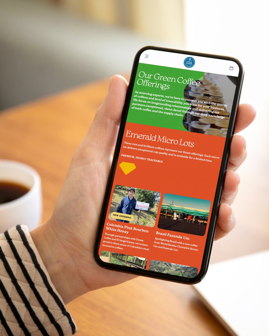 Green coffee offerings page on the Swiss Water website on mobile