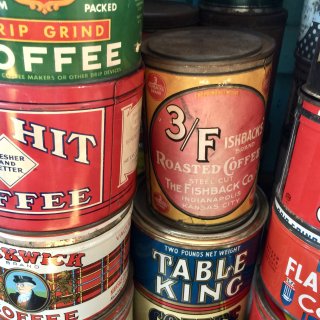A stack of vintage coffee cans taken at Royal Coffee Importers in Oakland.