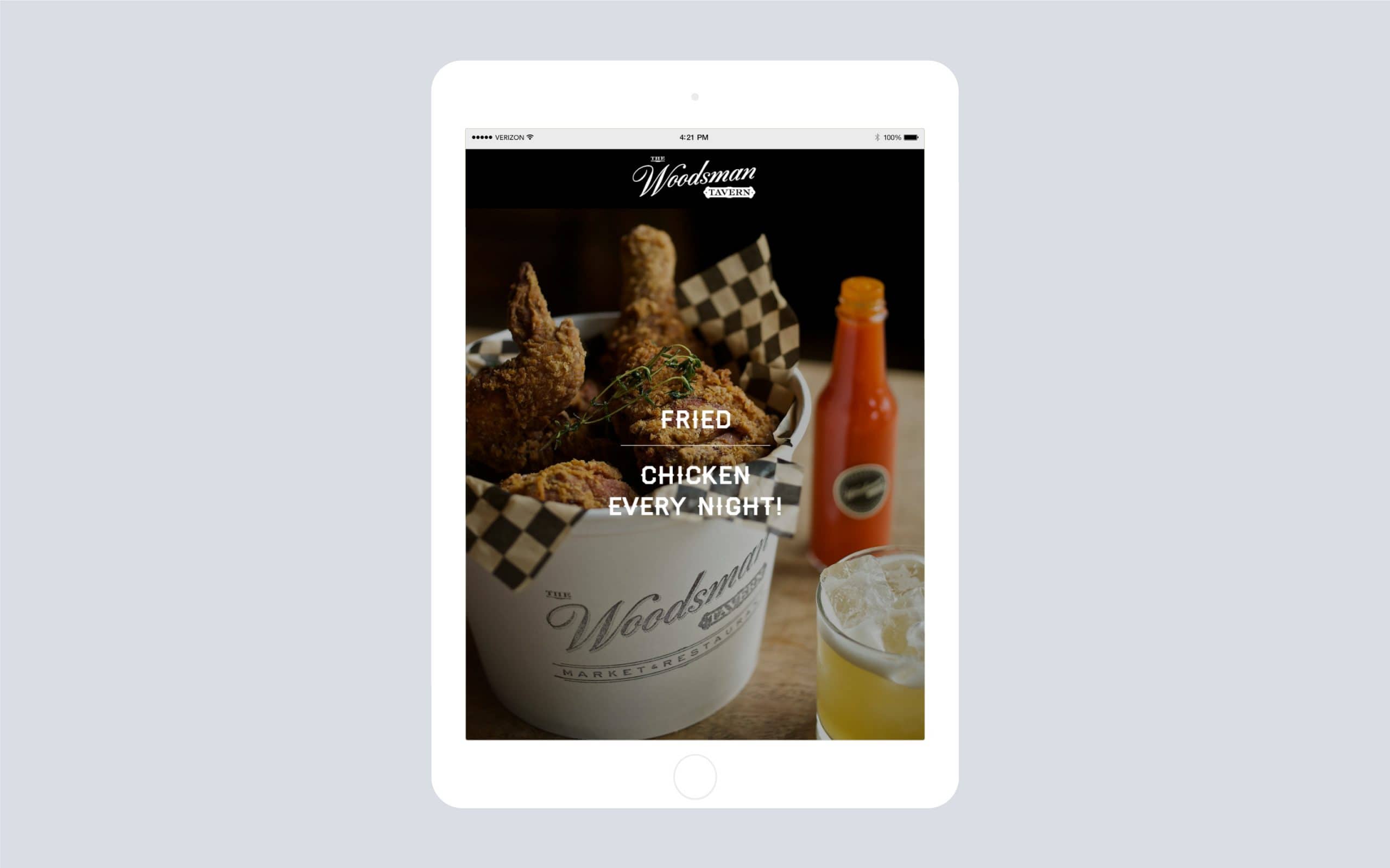 Woodsman Tavern home page on iPad