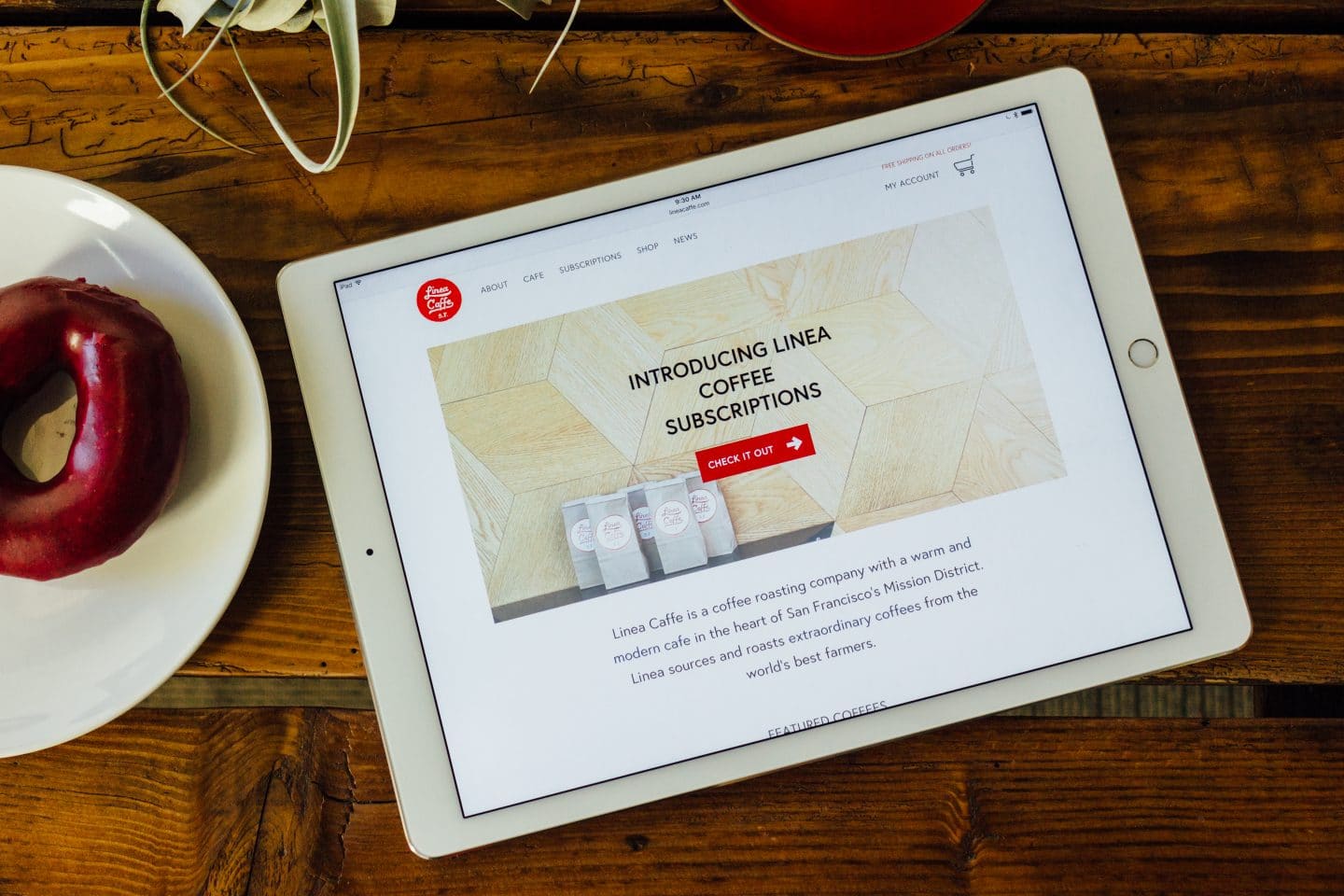 Home page of the responsive Linea Caffe website as shown on an iPad