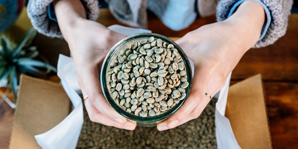 Woman holding green coffee beans