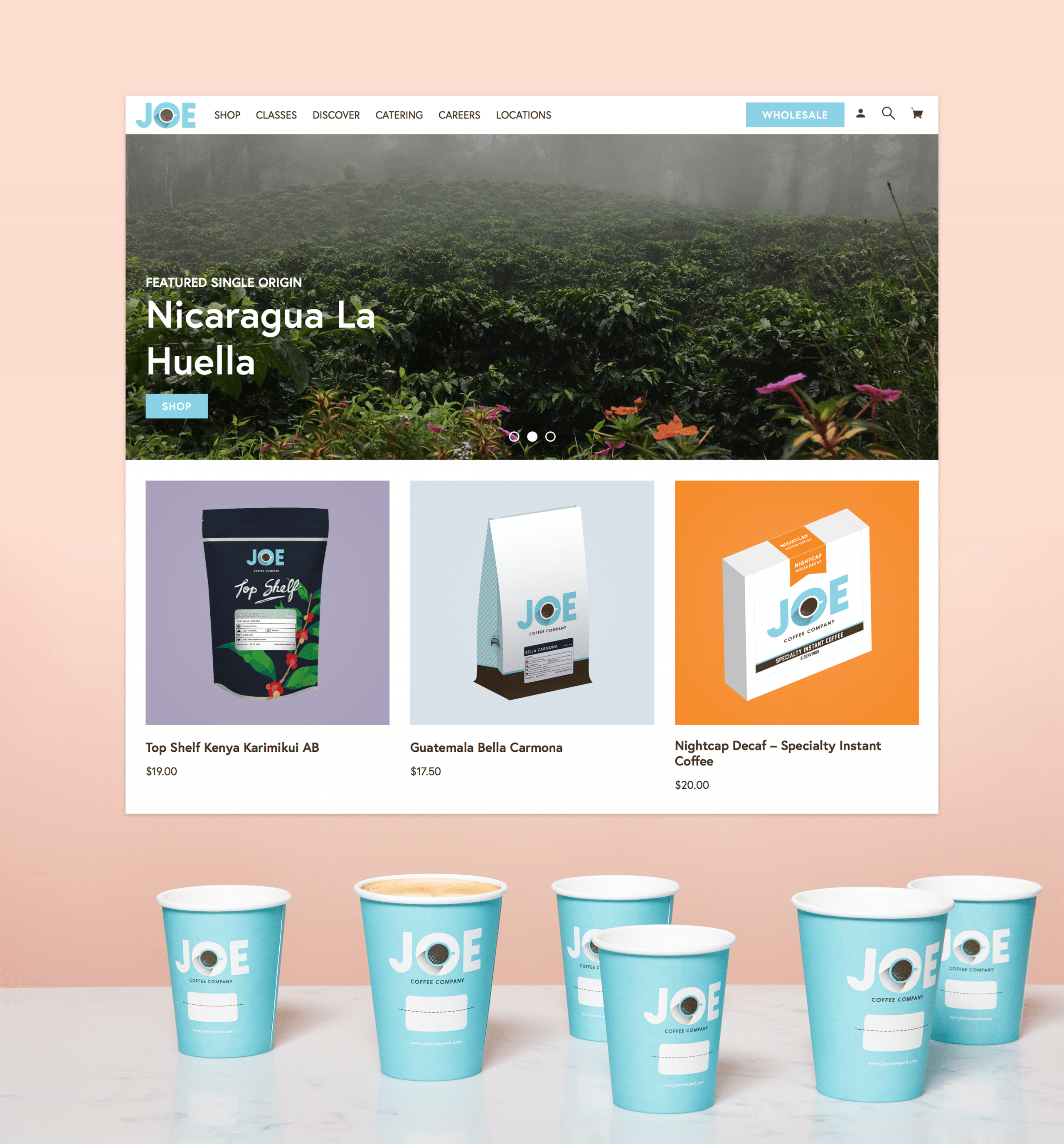 homepage of the redesigned Joe Coffee Company website featuring illustrations for coffee