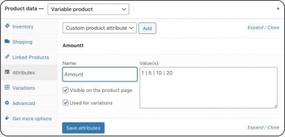 setting up a variable product