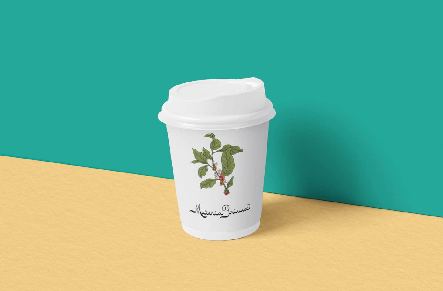 Materia Prima logo and coffee branch illustration on a to-do espresso mug