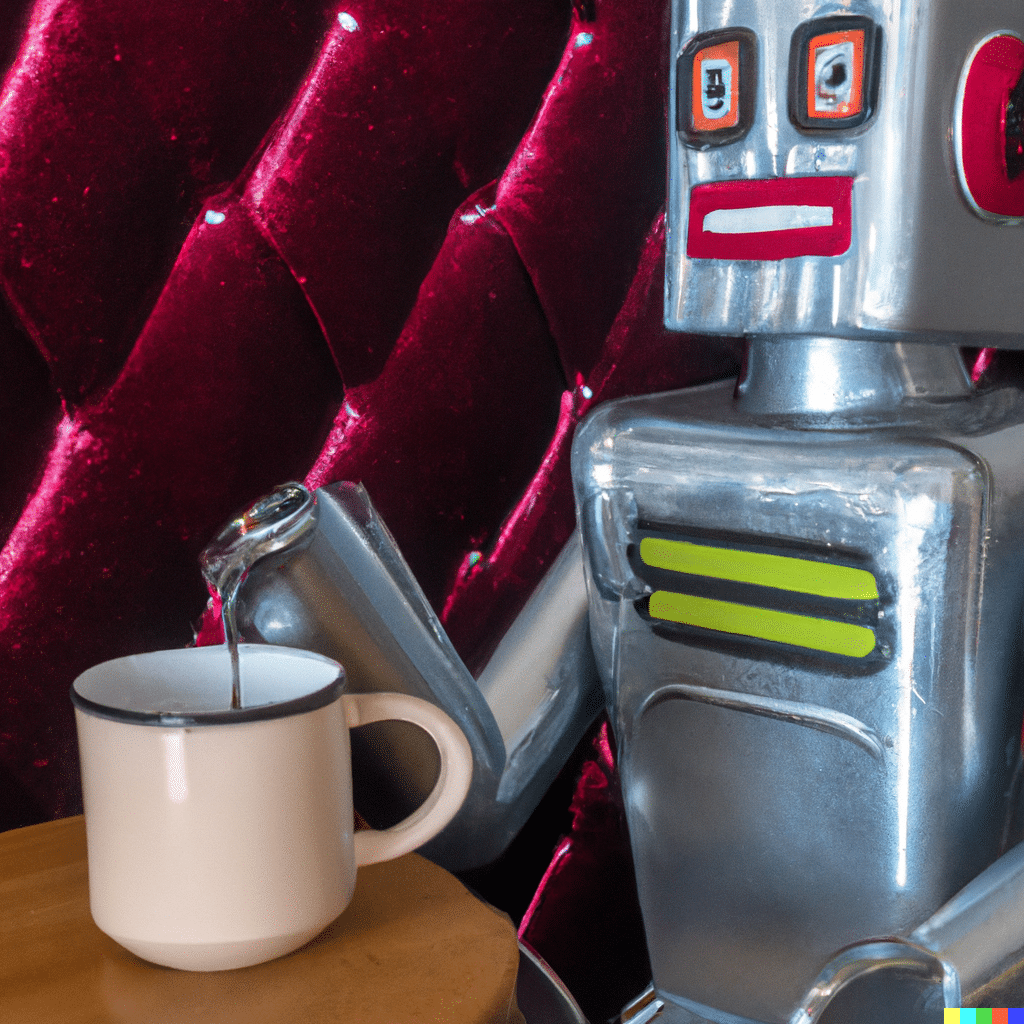 A realistic photo of a vintage midcentury robot drinking coffee